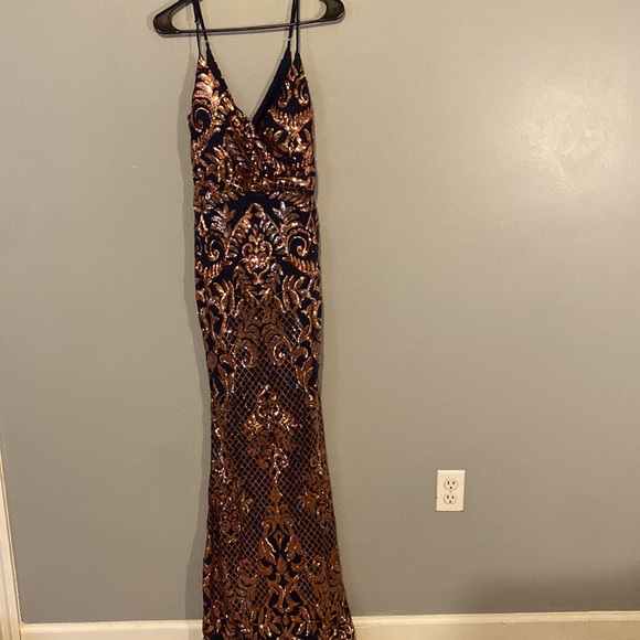 Windsor Navy Blue and Gold Sequin Floor Length Prom Dress - Picture 3 of 6